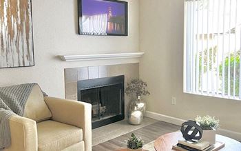 Wood burning fireplace in living room